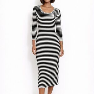 Nicole Miller Artelier Dress S Midi Black White Striped 3/4 Sleeve Sleek Bodycon